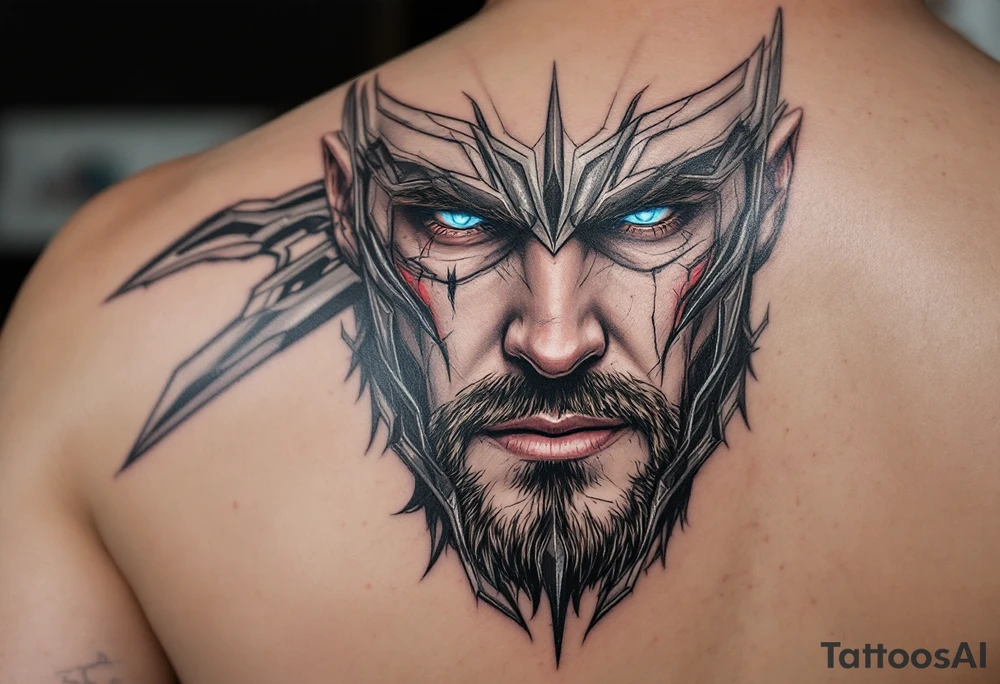 A close-up of Thor’s face from Endgame, with battle scars, glowing blue eyes, and Stormbreaker raised, in hyper-realistic shades of blue, silver, and deep red. tattoo idea