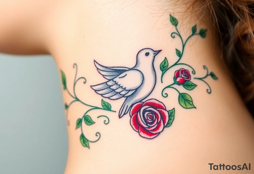 A collared dove surrounded by swirling vines and roses, with the dove in light gray and soft white, and the vines in green with hints of deep red for the roses tattoo idea
