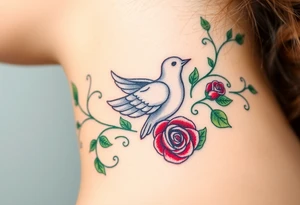 A collared dove surrounded by swirling vines and roses, with the dove in light gray and soft white, and the vines in green with hints of deep red for the roses tattoo idea
