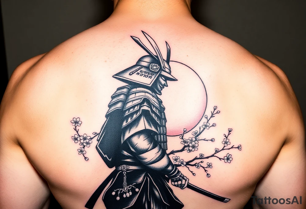 noble samurai warrior silhouette at sunset with cherry blossoms tattoo idea