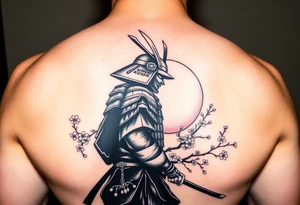 noble samurai warrior silhouette at sunset with cherry blossoms tattoo idea