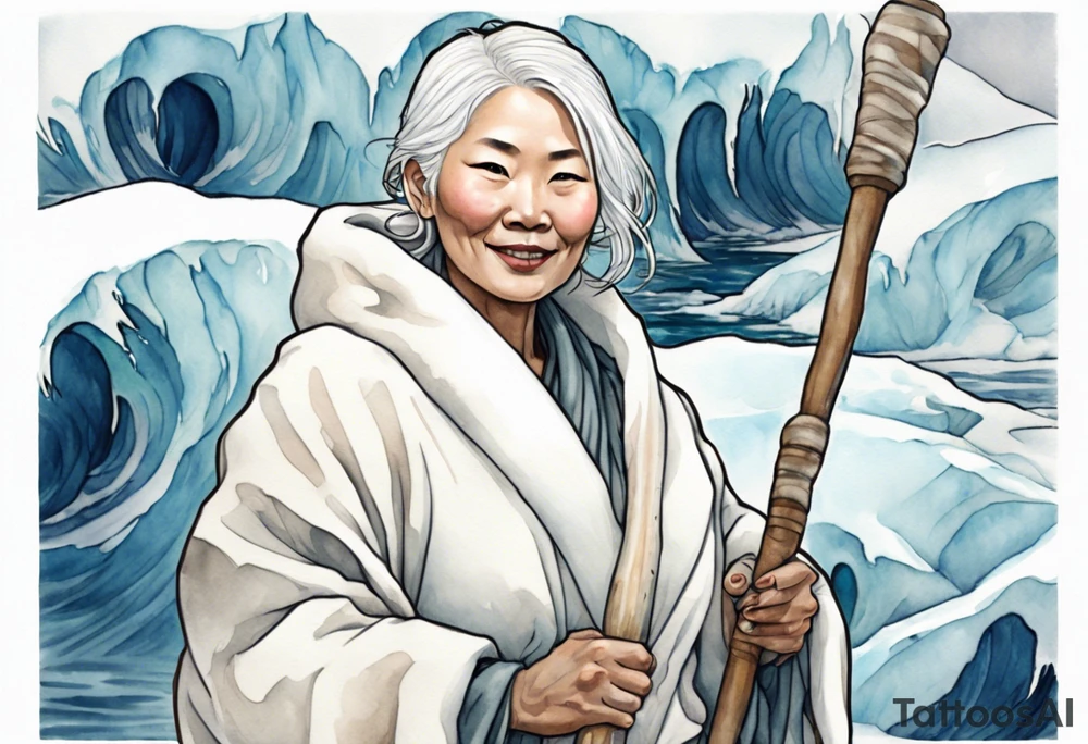 a 40 year old Inuit woman with white hair and a white robe holding a white bo staff, standing on an iceberg, smiling tattoo idea