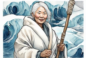 a 40 year old Inuit woman with white hair and a white robe holding a white bo staff, standing on an iceberg, smiling tattoo idea