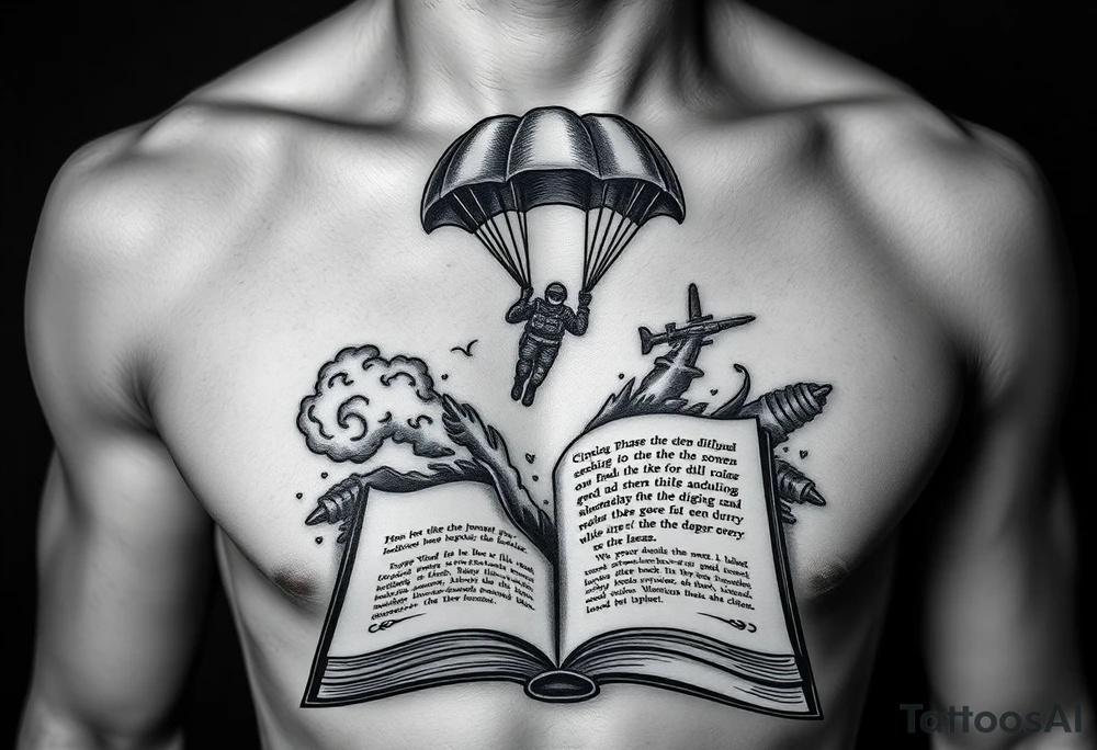 A parachuting soldier landing into an open book. Chaos surrounding, but a sense of security inside the book. On the chest. book contains a quote tattoo idea