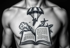 A parachuting soldier landing into an open book. Chaos surrounding, but a sense of security inside the book. On the chest. book contains a quote tattoo idea