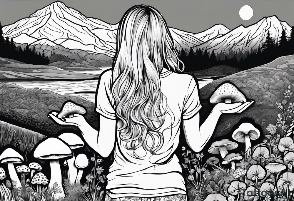 Straight long blonde hair hippie girl in distance holding mushrooms in hand facing away toward mountains and creek surrounded by mushrooms tee shirt and hiking pants tattoo idea