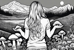 Straight long blonde hair hippie girl in distance holding mushrooms in hand facing away toward mountains and creek surrounded by mushrooms tee shirt and hiking pants tattoo idea