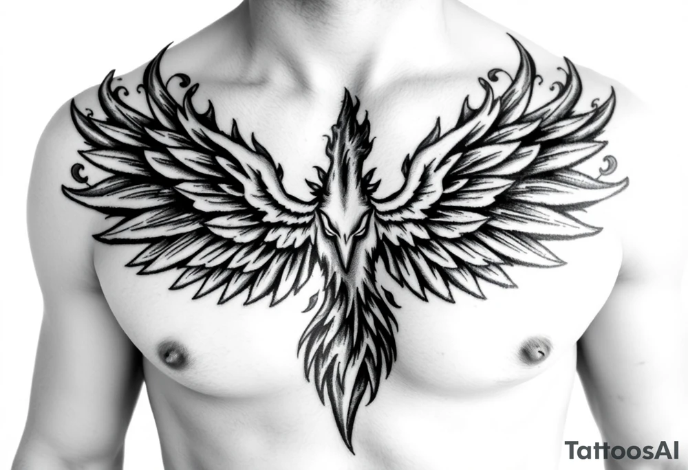 Realistic and symmetrical flaming Phoenix rebirth with spread wings in a down motion surrounded by fire mapped onto chest only.
Phoenix head must be in the middle of the chest, straight and symmetrical.
Fire should be surrounding spread wings
Wings should be spread down only on pectoral muscle towards nipples. tattoo idea