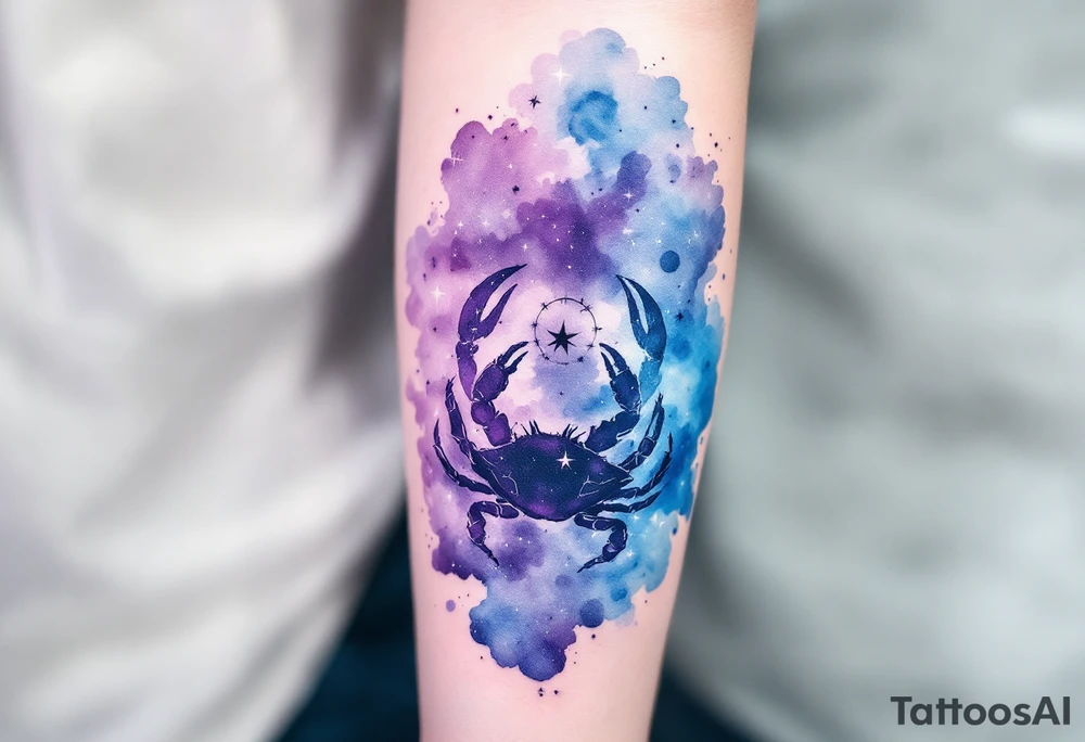 A watercolor nebula in shades of purple and blue cradles the Cancer star constellation and crab silhouette. tattoo idea
