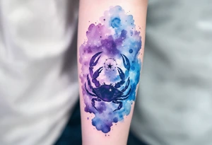 A watercolor nebula in shades of purple and blue cradles the Cancer star constellation and crab silhouette. tattoo idea