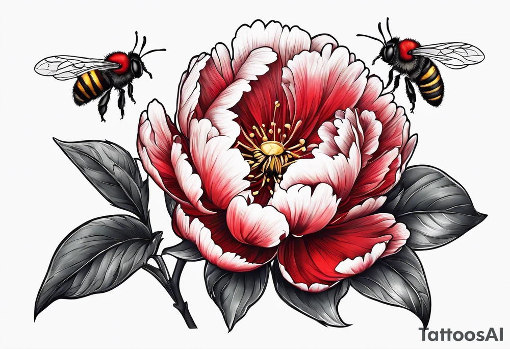 red peony with bee tattoo idea