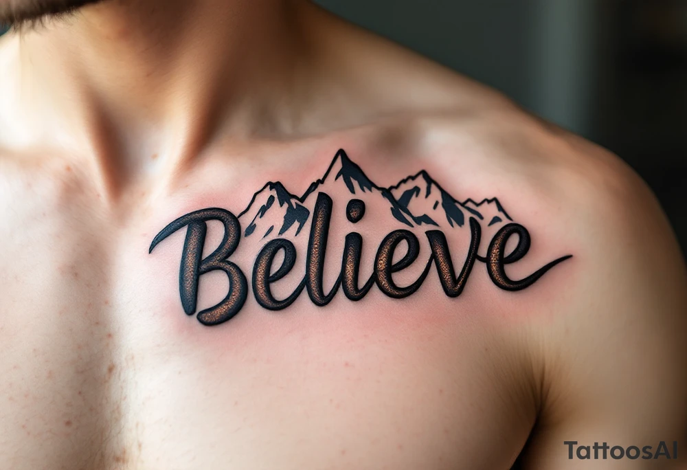 "Believe" in rustic copper with mountain outlines in the background, representing belief in personal strength and the journey ahead. tattoo idea