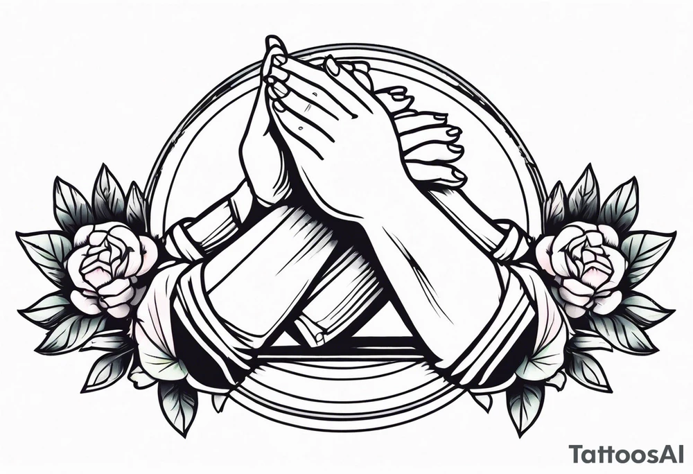 hands praying with flowers simple bold tradional old school style tattoo idea