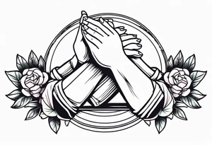 hands praying with flowers simple bold tradional old school style tattoo idea
