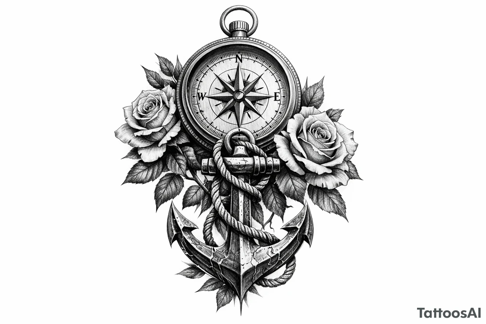 a compass under it an anchor, roses. tattoo idea
