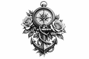 a compass under it an anchor, roses. tattoo idea