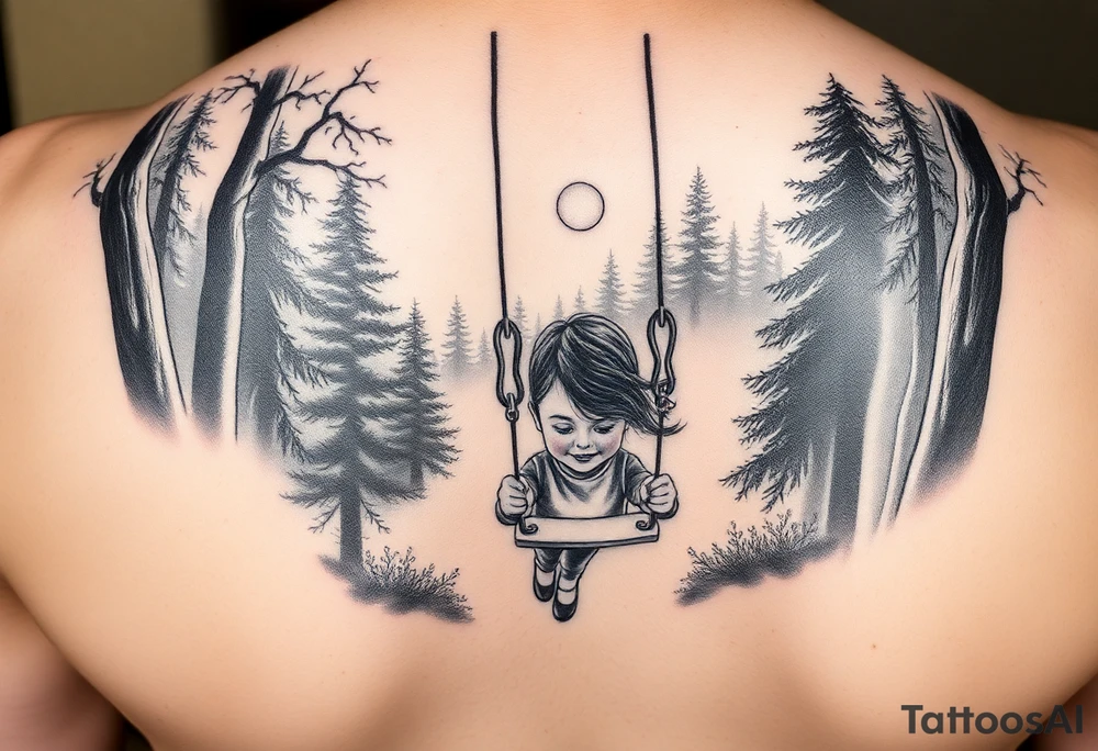 Little girl swinging in dark forest with the sun coming up but hasn’t reached her yet tattoo idea