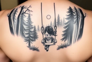 Little girl swinging in dark forest with the sun coming up but hasn’t reached her yet tattoo idea