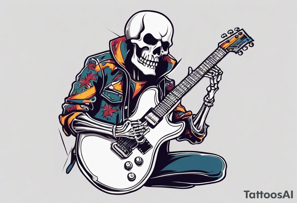 A rockstar skeleton performing with an electric guitar and doing metal horns. tattoo idea