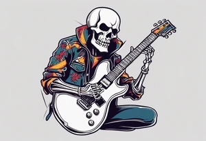 A rockstar skeleton performing with an electric guitar and doing metal horns. tattoo idea