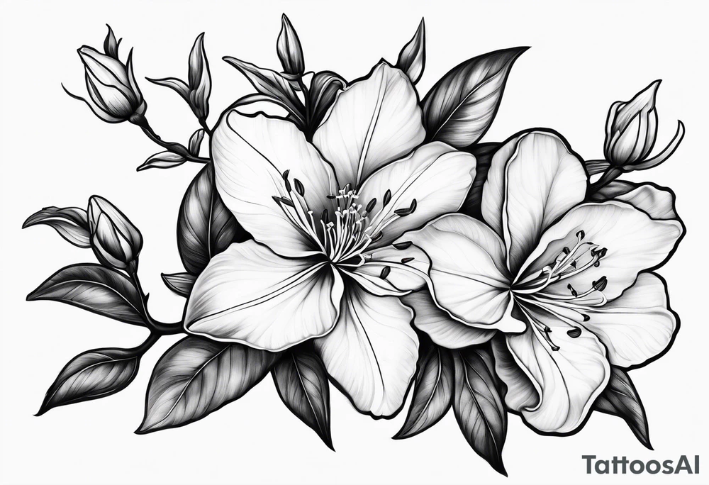 5-petal azaleas with buds along a long branch tattoo idea