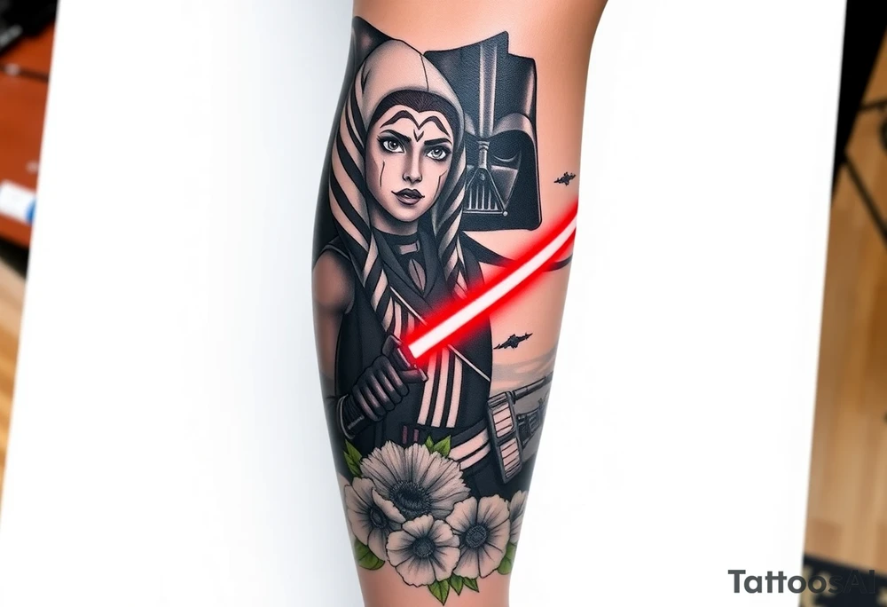 Leg sleeve with

•	Ahsoka Tano front and center
	•	Captain Rex below her
	•	TIE Fighters in motion
	•	Darth Vader looming in the background
	•	Subtle use of red/orange lighting and Clone Wars-era visuals
	•	Some floral framing around the lower leg

To complete or expand this sleeve with Ahsoka vs. Vader, I can generate mockups that incorporate:
	•	A lightsaber duel between Ahsoka and Vader (from Star Wars Rebels, Season 2 finale)
	•	Dramatic red and blue lighting to contrast their sabers
	•	A split-helmet Vader scene to symbolize the emotional conflict
	•	More depth on the thigh if you want to blend the duel into the existing tattoo tattoo idea