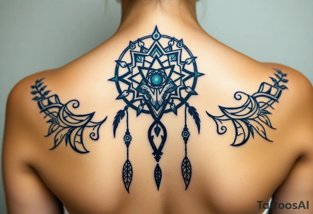 Dreamcatcher with zodiac symbols and protection runes caught in it with wolf teal tattoo idea