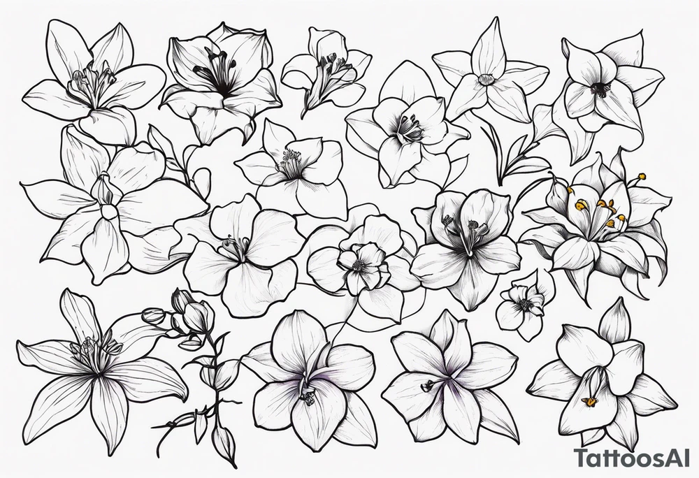 generate tattoo ideas for my forearm with the following flowers: Violet and iris, Daffodil and jonquil, Lily and hawthorn, Holly and narcissus tattoo idea