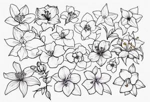 generate tattoo ideas for my forearm with the following flowers: Violet and iris, Daffodil and jonquil, Lily and hawthorn, Holly and narcissus tattoo idea