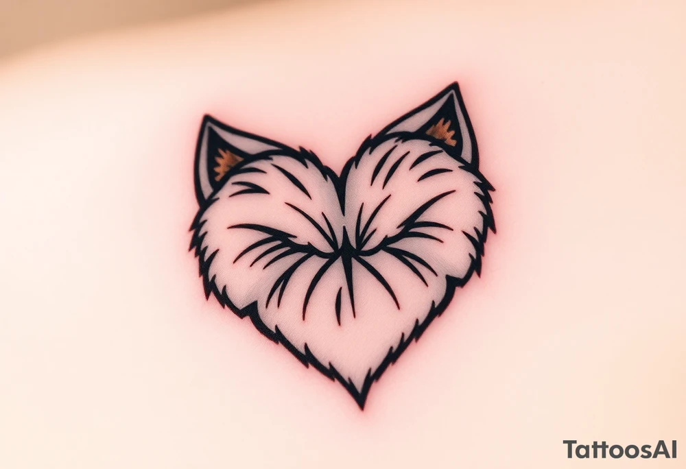 A detailed cat paw with soft fur textures, shaped into a heart, using natural tones of cream, gray, and light brown for a delicate and cozy feel tattoo idea