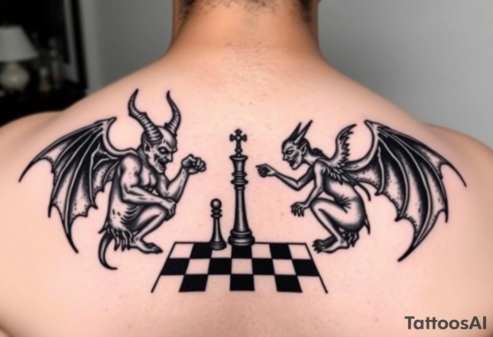 devil and angel playing chess in black and mainly just the outline tattoo idea