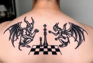 devil and angel playing chess in black and mainly just the outline tattoo idea