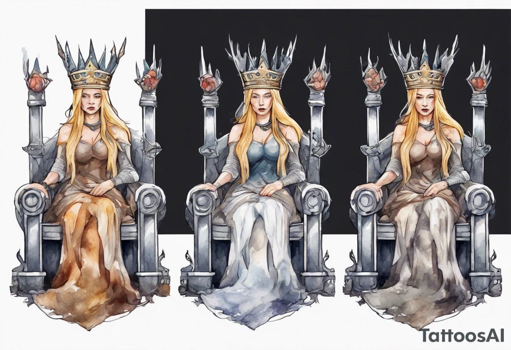 a norse queen with an iron crown sitting on a throne tattoo idea