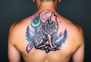 lone wolf howling at full moon with northern lights backdrop tattoo idea