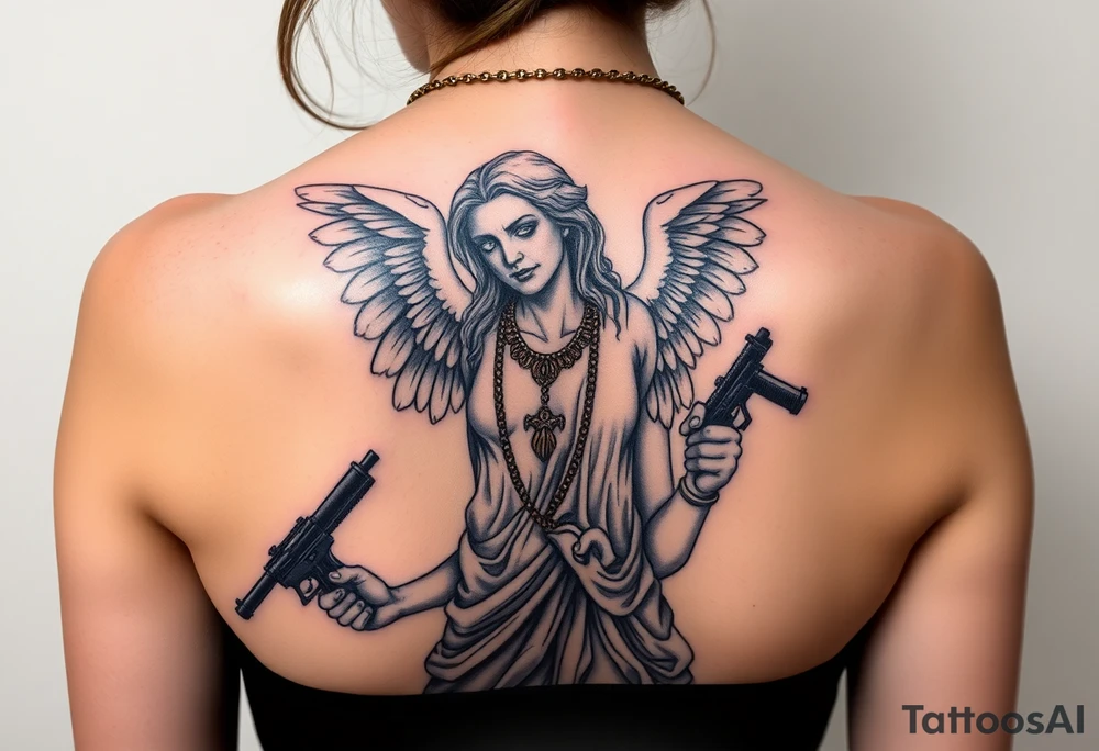 old angel statue in criminal style, tattooed and at the same time contemporary, weapons in hand, gangster-style gold necklaces tattoo idea