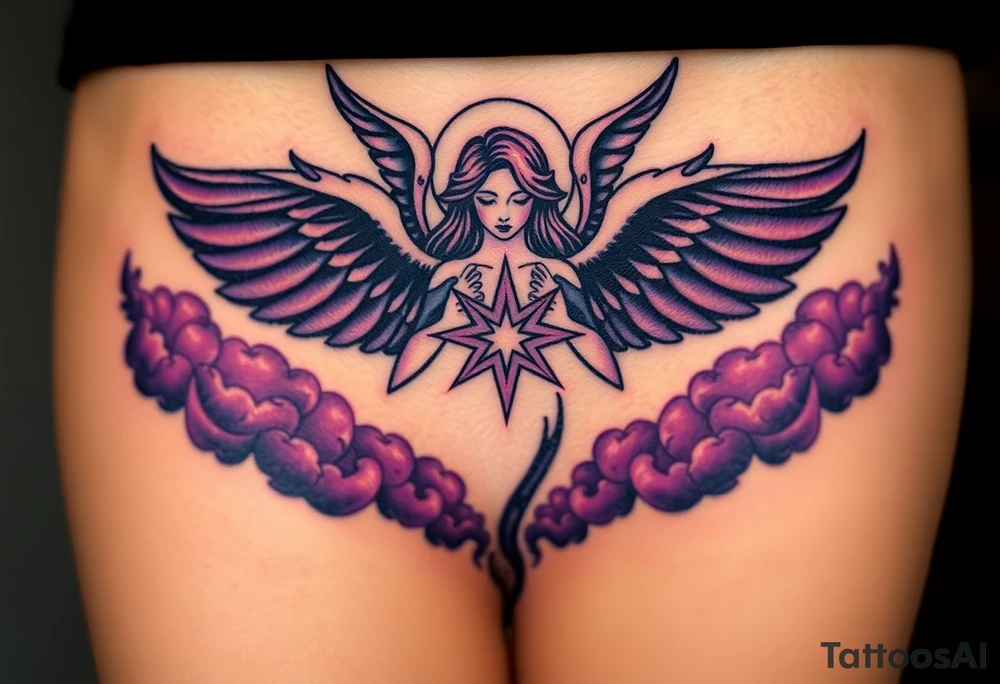 A celestial angel figure  with dark wings and a radiant star in the center of its chest, surrounded by clouds of dark blue and deep purple. tattoo idea