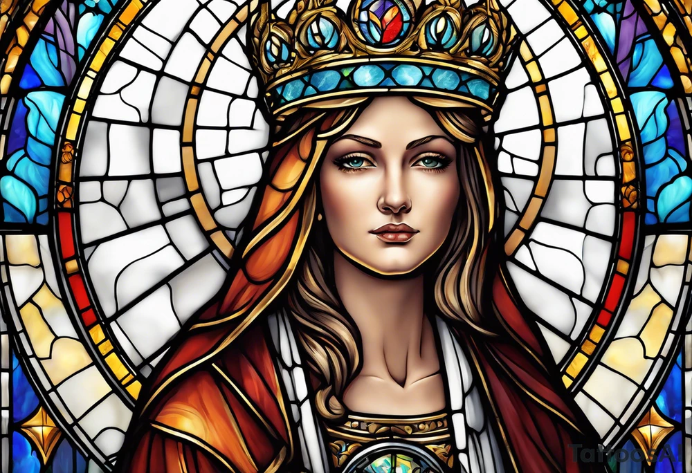 holy saint woman with halo stained glass holding a chalice with artillery tattoo idea