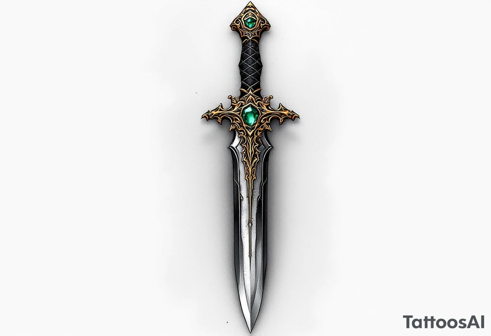 Vintage Ornate Dagger – A detailed dagger with intricate patterns along the blade and hilt, featuring golden accents and a deep emerald green gem in the pommel. The blade is shaded in dark steel gray with subtle silver highlights tattoo idea
