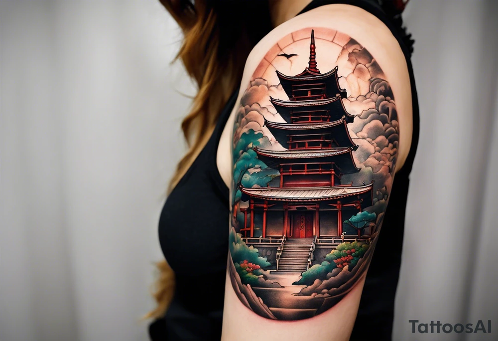 a old world map as the background with a small Buddhist temple at the bottom for the back of a forearm tattoo idea