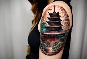 a old world map as the background with a small Buddhist temple at the bottom for the back of a forearm tattoo idea