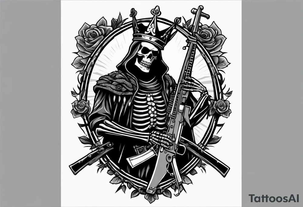image of a skeleton standing frontally with a crown on his head, holding an AK-47 on his shoulder with his right hand. The chain on the left should be taut, there are three angry barking Dobermans in it, near the waist tattoo idea