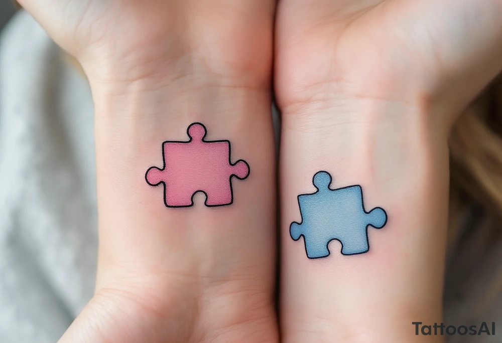 Interlocking puzzle pieces in soft pink and muted blue on the inner wrists symbolize how perfectly you fit together. tattoo idea