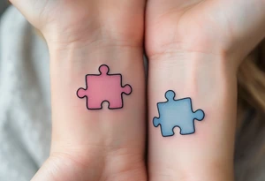 Interlocking puzzle pieces in soft pink and muted blue on the inner wrists symbolize how perfectly you fit together. tattoo idea
