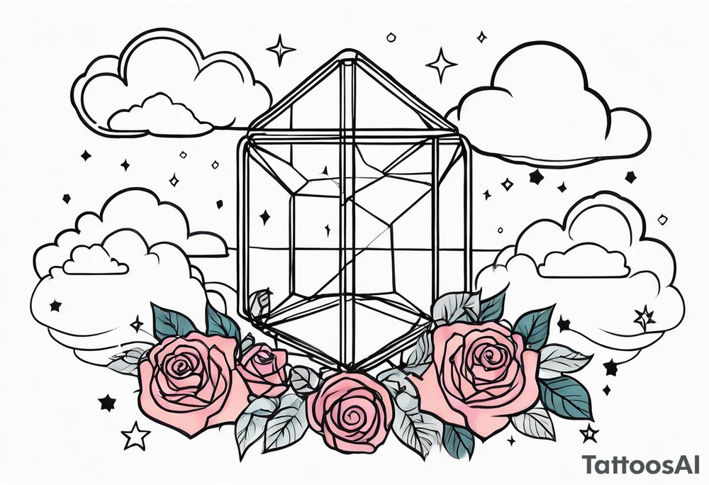 Tesseract with clouds and a field of small roses and stars around it tattoo idea