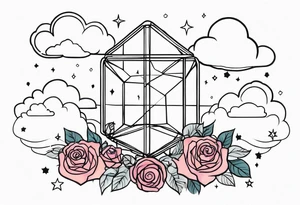 Tesseract with clouds and a field of small roses and stars around it tattoo idea