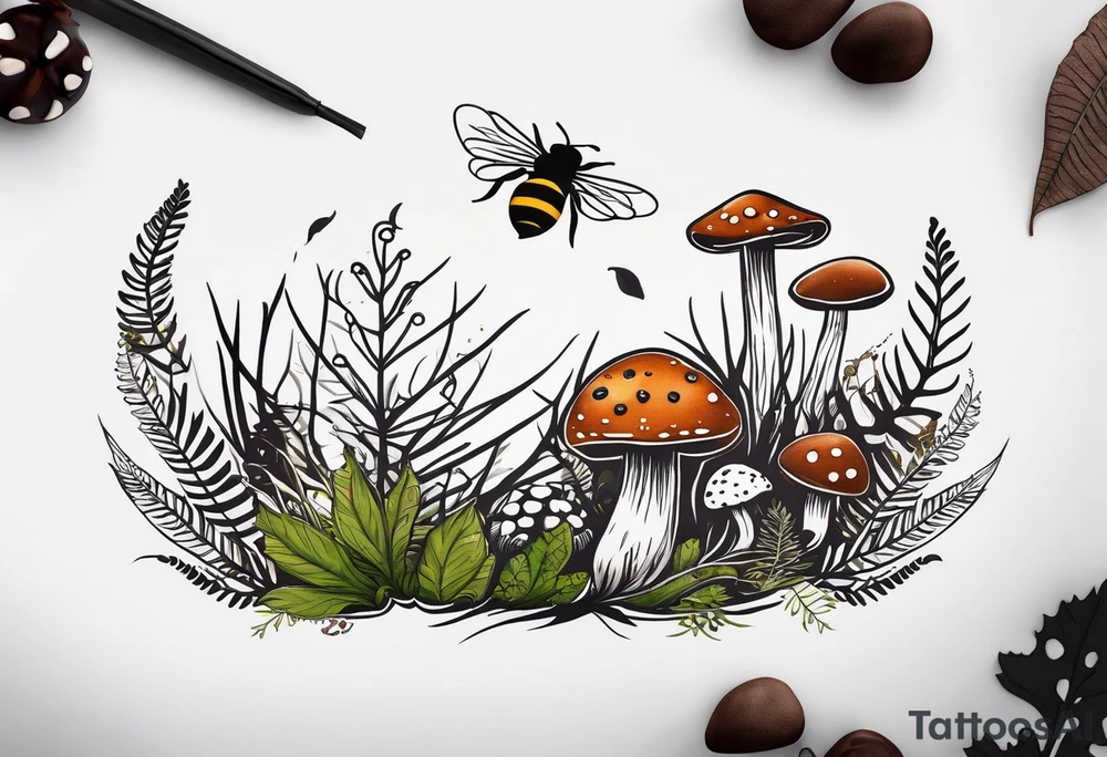 minimalistic forest floor inspired tattoo, which includes grass, moss, curly ferns and dead leaves as the bulk of the tattoo. details to include: forest berries, couple of very small brown mushrooms, a tiny bumblebee flying nearby tattoo idea