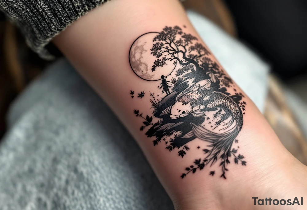 a koi fish swimming UP the stream in a pond moonlight by the full moon with a sakura tree by the pond tattoo idea