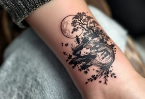 a koi fish swimming UP the stream in a pond moonlight by the full moon with a sakura tree by the pond tattoo idea