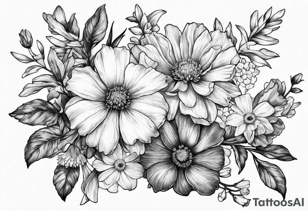one larkspur, one carnation, one violet, one daisy and tied together with bow tattoo idea