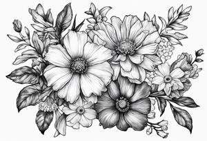 one larkspur, one carnation, one violet, one daisy and tied together with bow tattoo idea